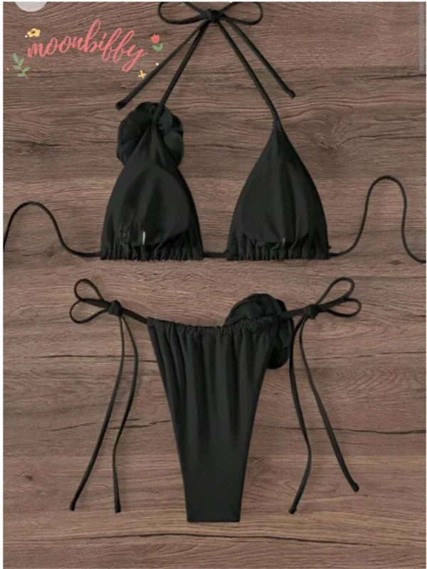 Sexy Bikini Set Women Swimsuit Black White 3D Floral Print Micro Bikinis - Image 4