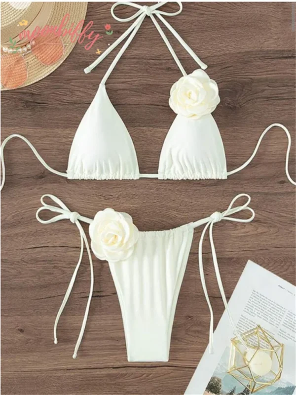Sexy Bikini Set Women Swimsuit Black White 3D Floral Print Micro Bikinis